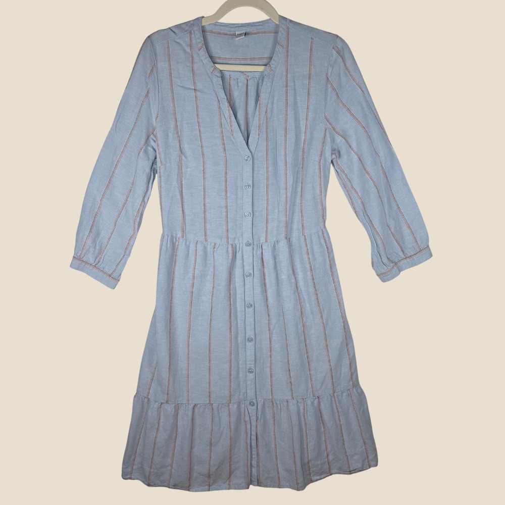Old Navy Blue Stripe Button Front Tiered Midi Dress Linen Blend Medium